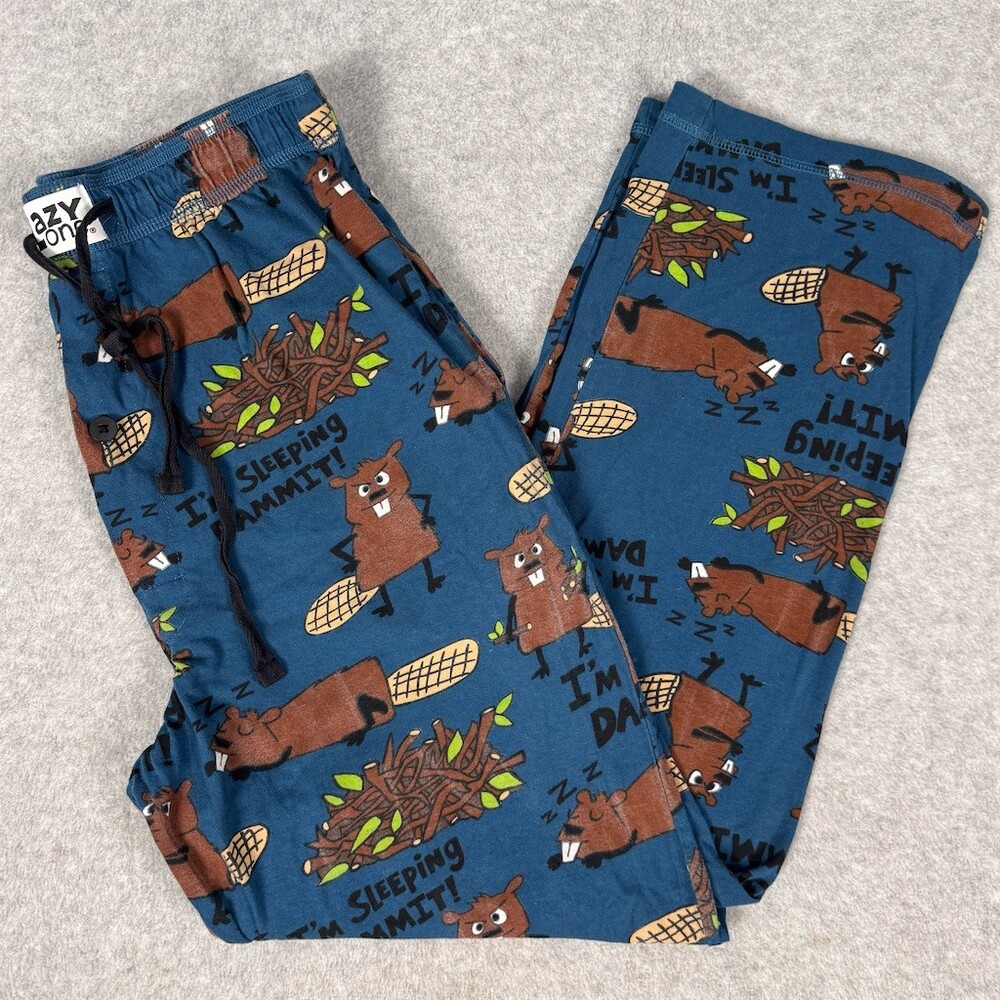 LazyOne Pajama Pants Men's Size M Blue Cotton Funny Beaver Print I'm Sleeping